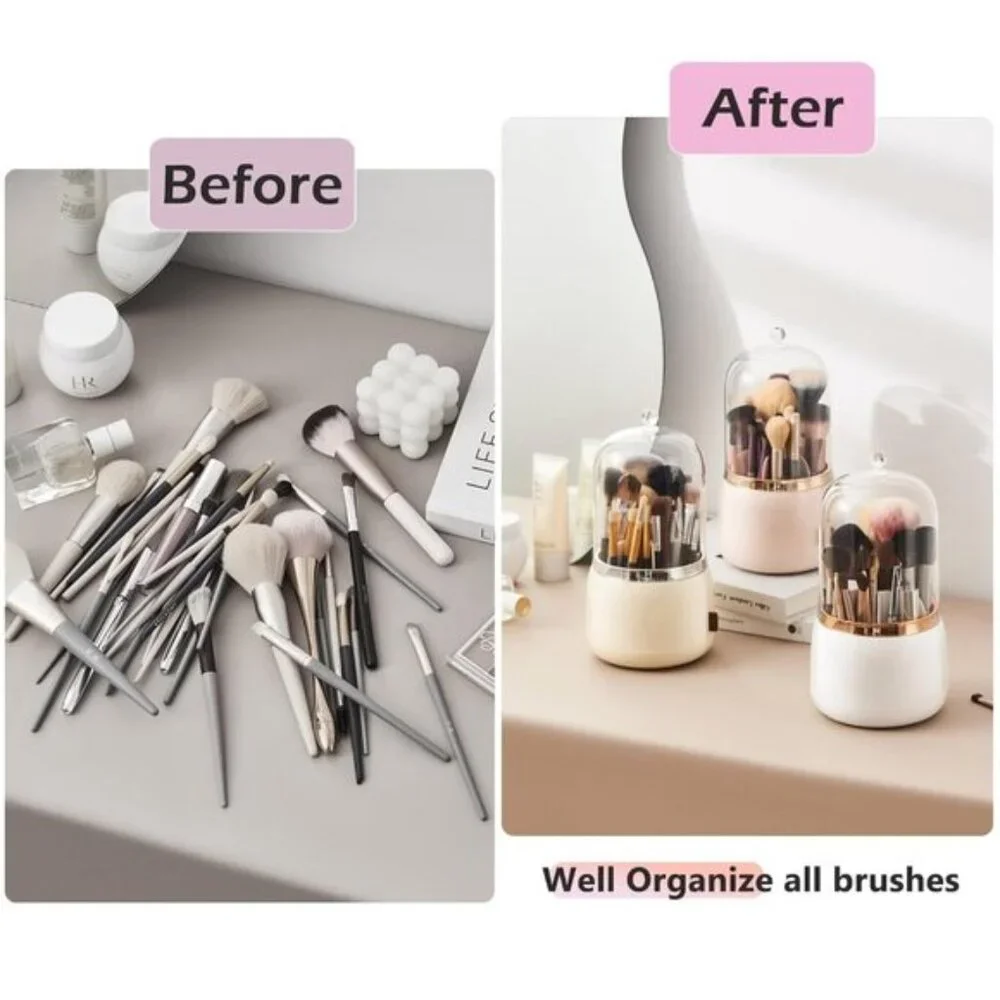 360° Rotating Makeup Brush Holder with Lid, Dustproof Organizer in Pearl White